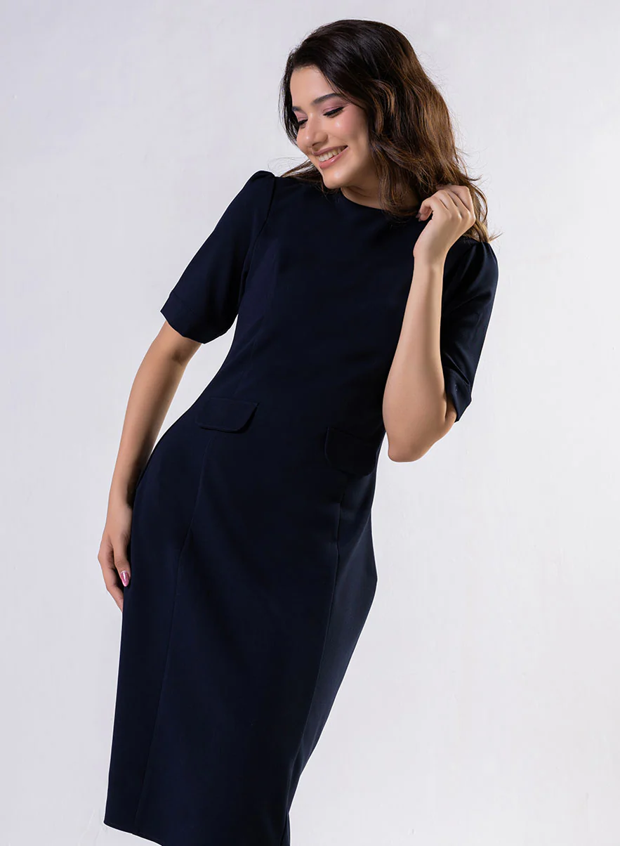 Round Neck Shift Dress With Flaps -Navy Blue - Image 3