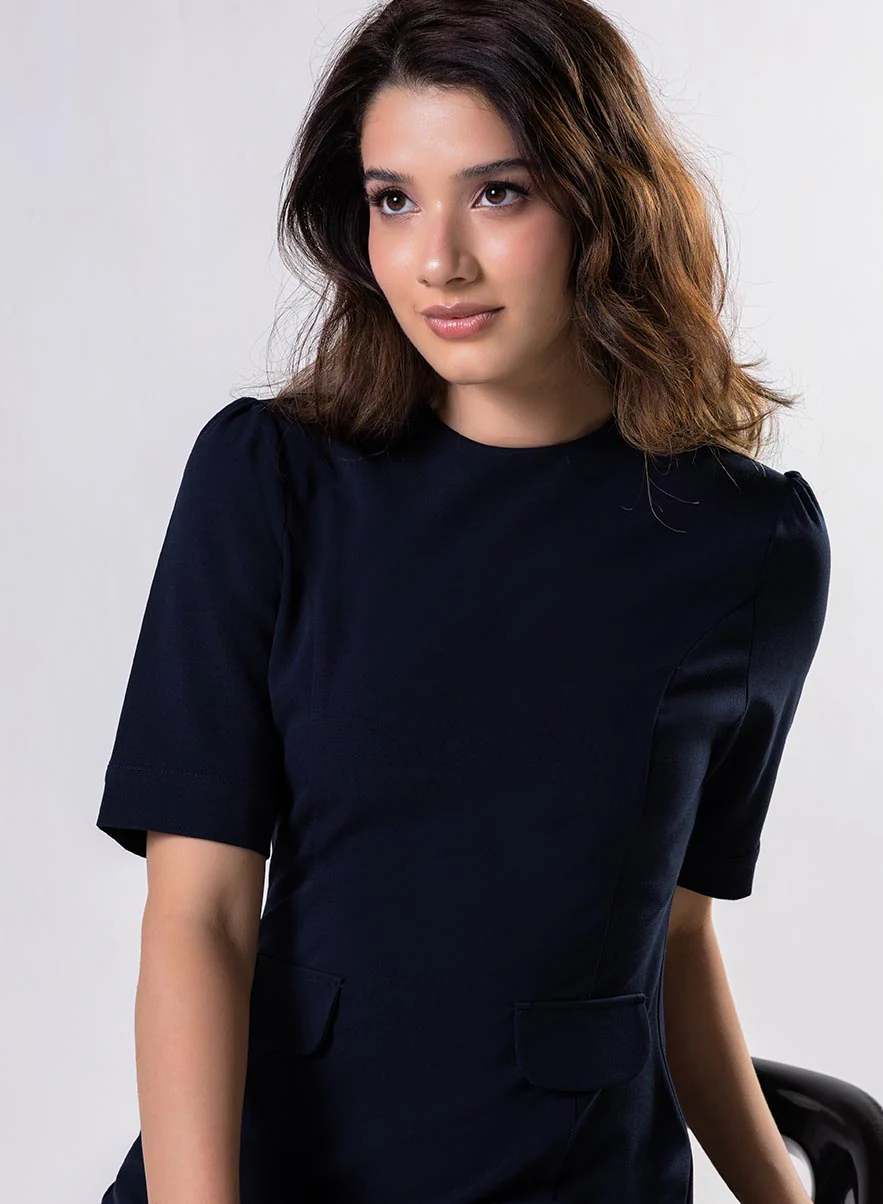 Round Neck Shift Dress With Flaps -Navy Blue - Image 4