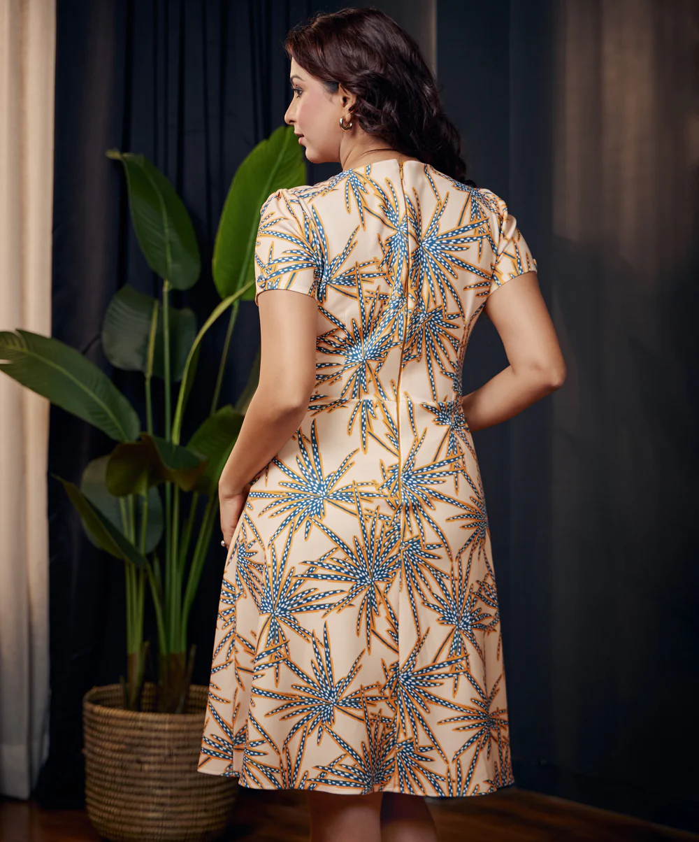 Round Neck Side Buttoned Beige Dress - Image 3