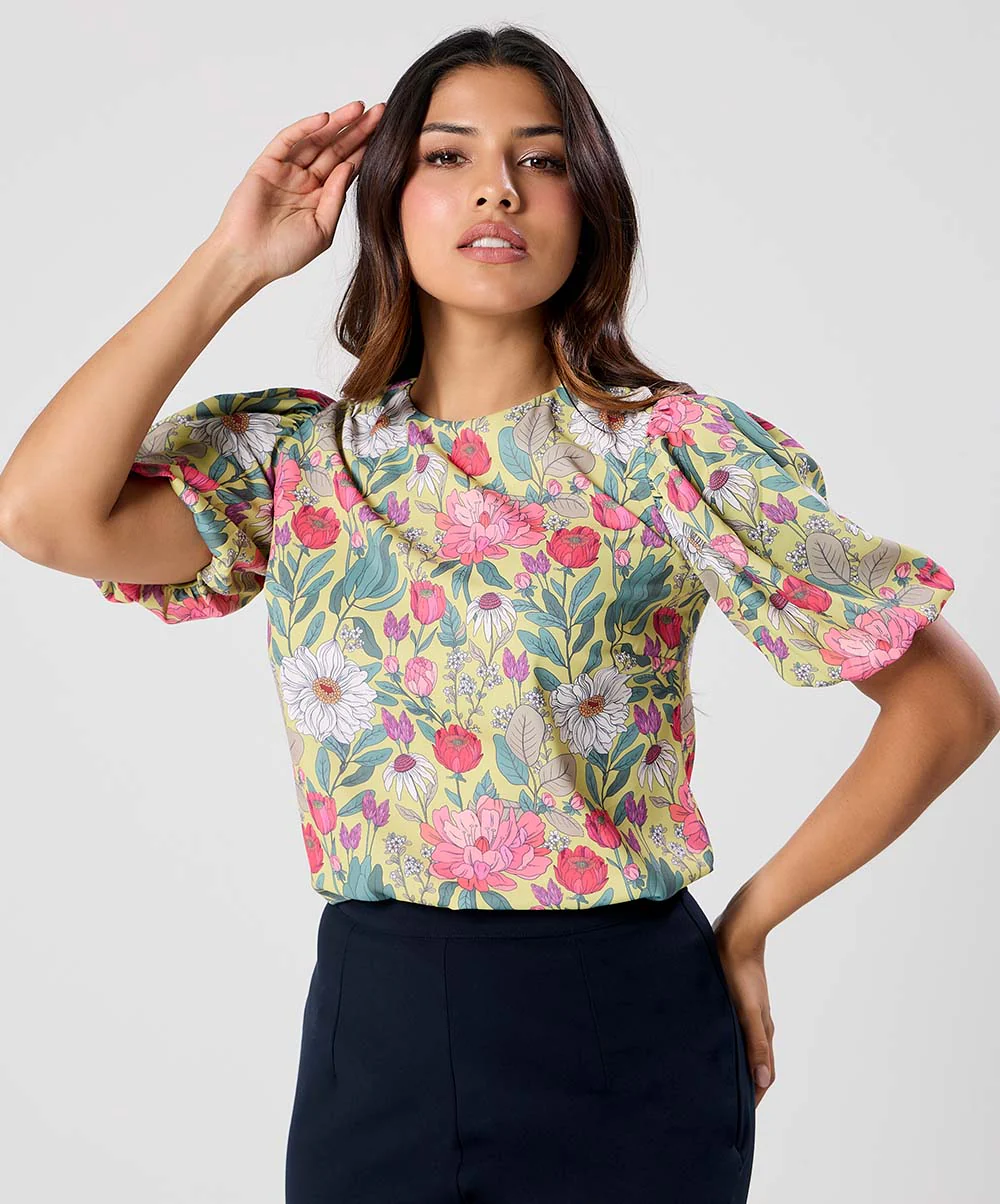 Round Neck Sleeve Detailed Printed Top
