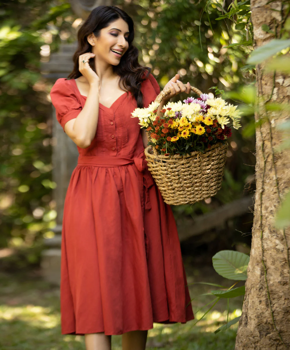 Rust Pintuck Sweetheart Neck Linen Dress - Image 3