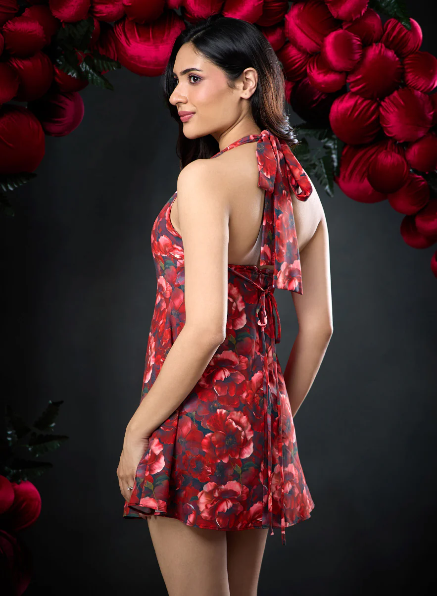 Satin Halter Bow Neck Tie Dress - Image 3