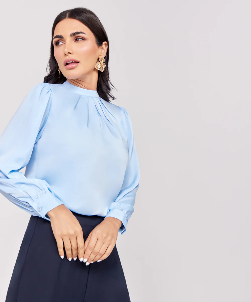 Satin Pleated Blue Long Sleeve Top - Image 2