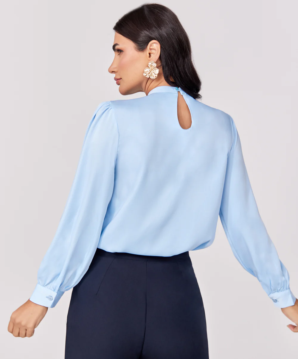Satin Pleated Blue Long Sleeve Top - Image 4