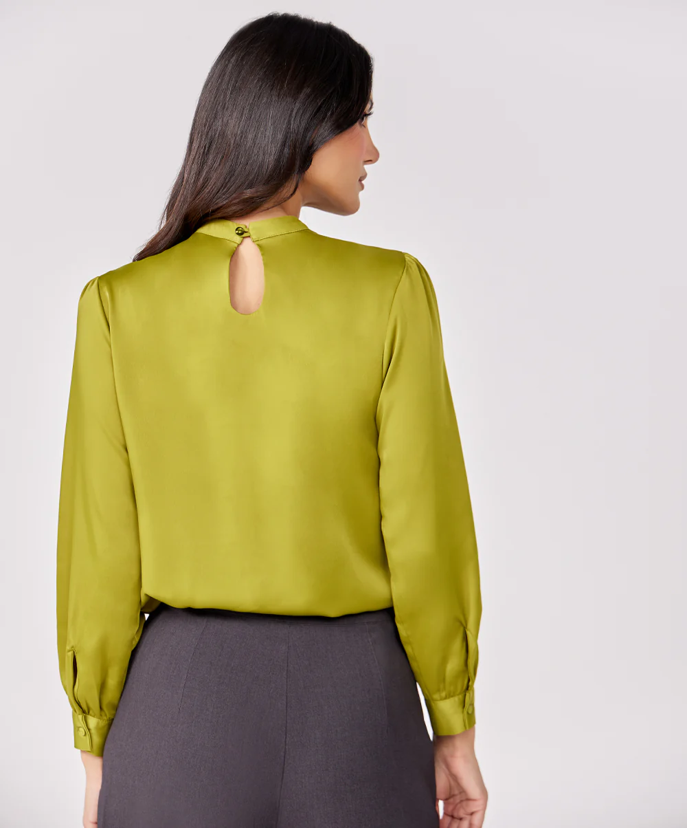 Satin Pleated Olive Long Sleeve Top - Image 4