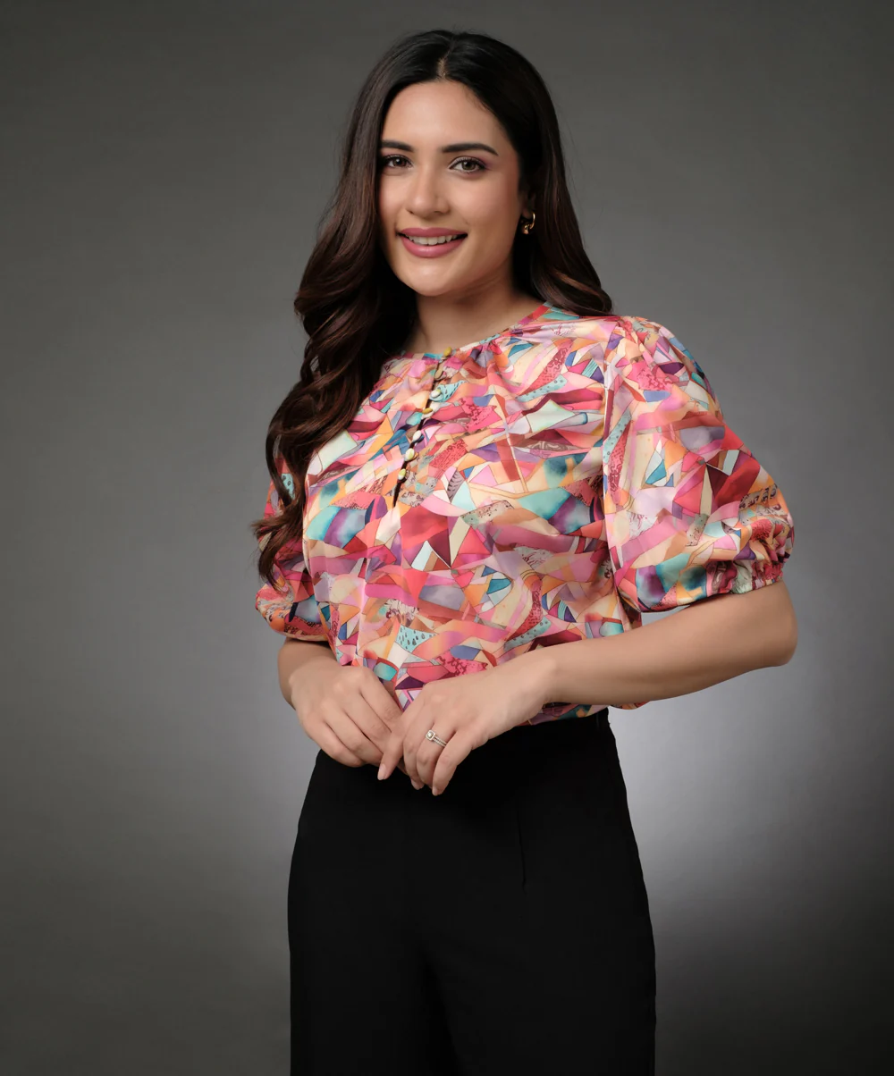Satin Printed Button Formal Top - Image 2