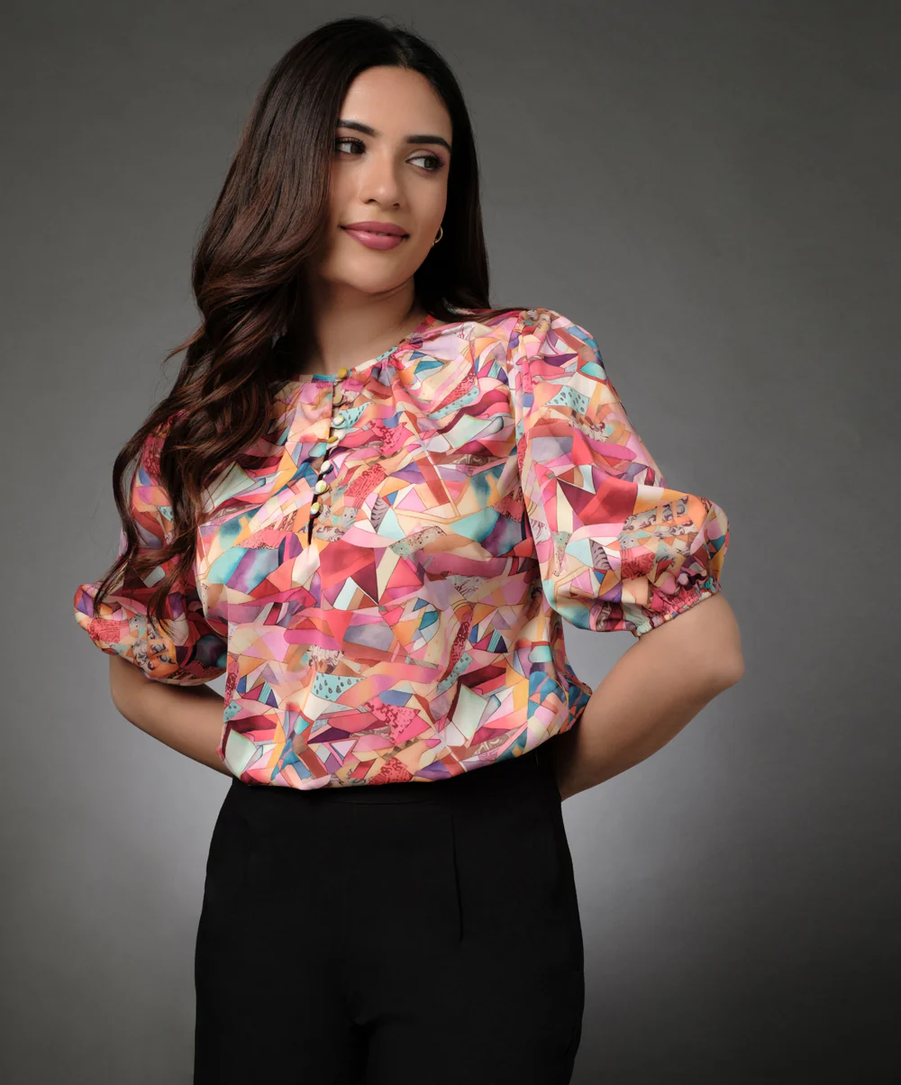 Satin Printed Button Formal Top - Image 3