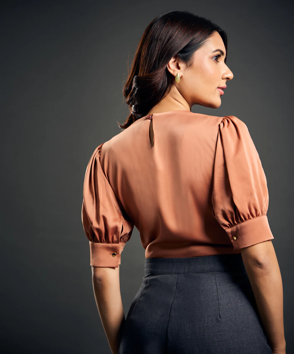 Satin Puffed Sleeve Brown Top - Image 3