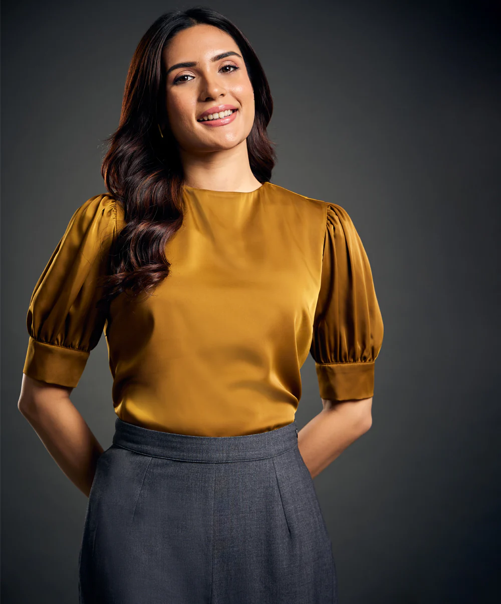 Satin Puffed Sleeve Golden Brown Top - Image 3