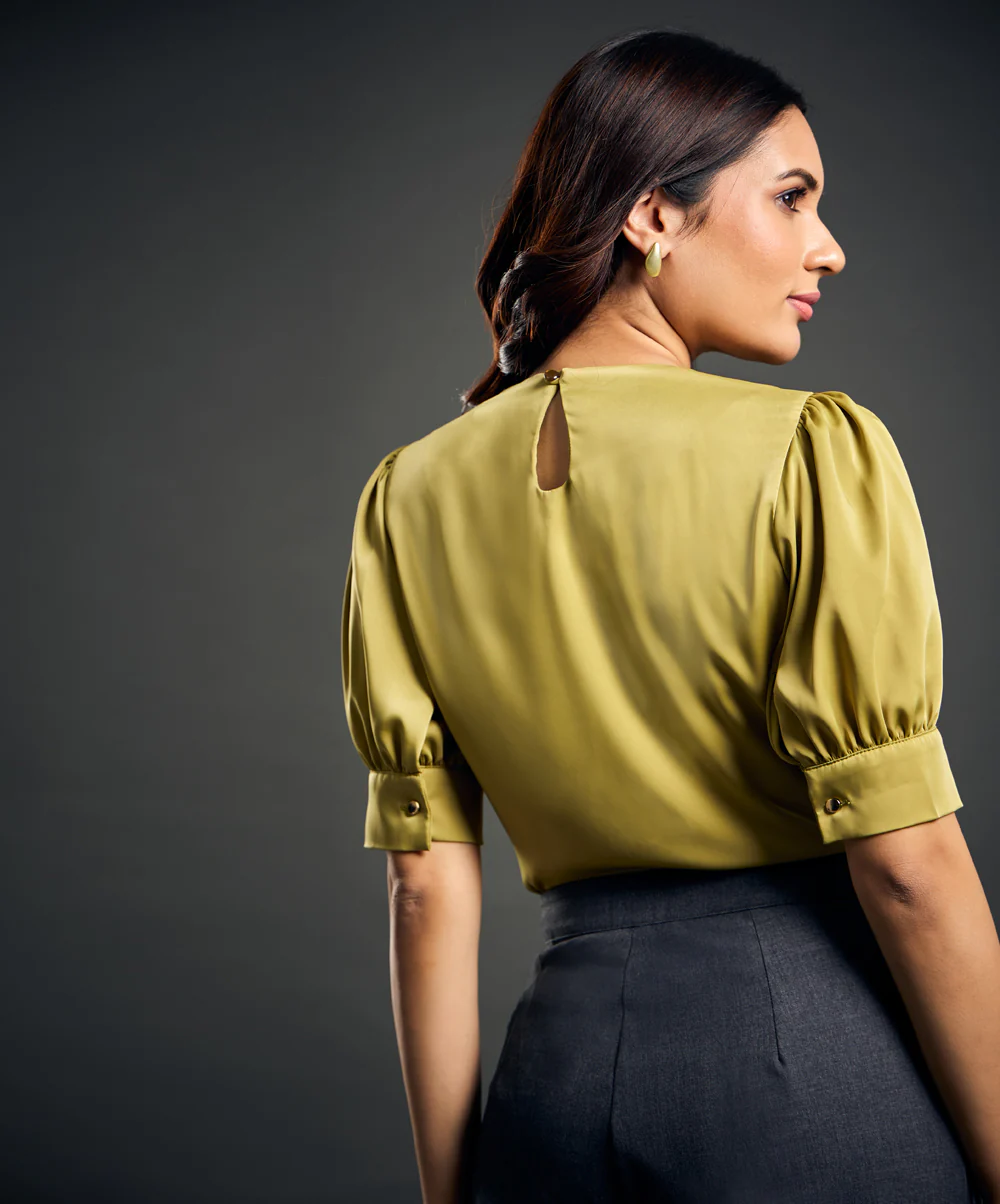 Satin Puffed Sleeve Green Top - Image 4