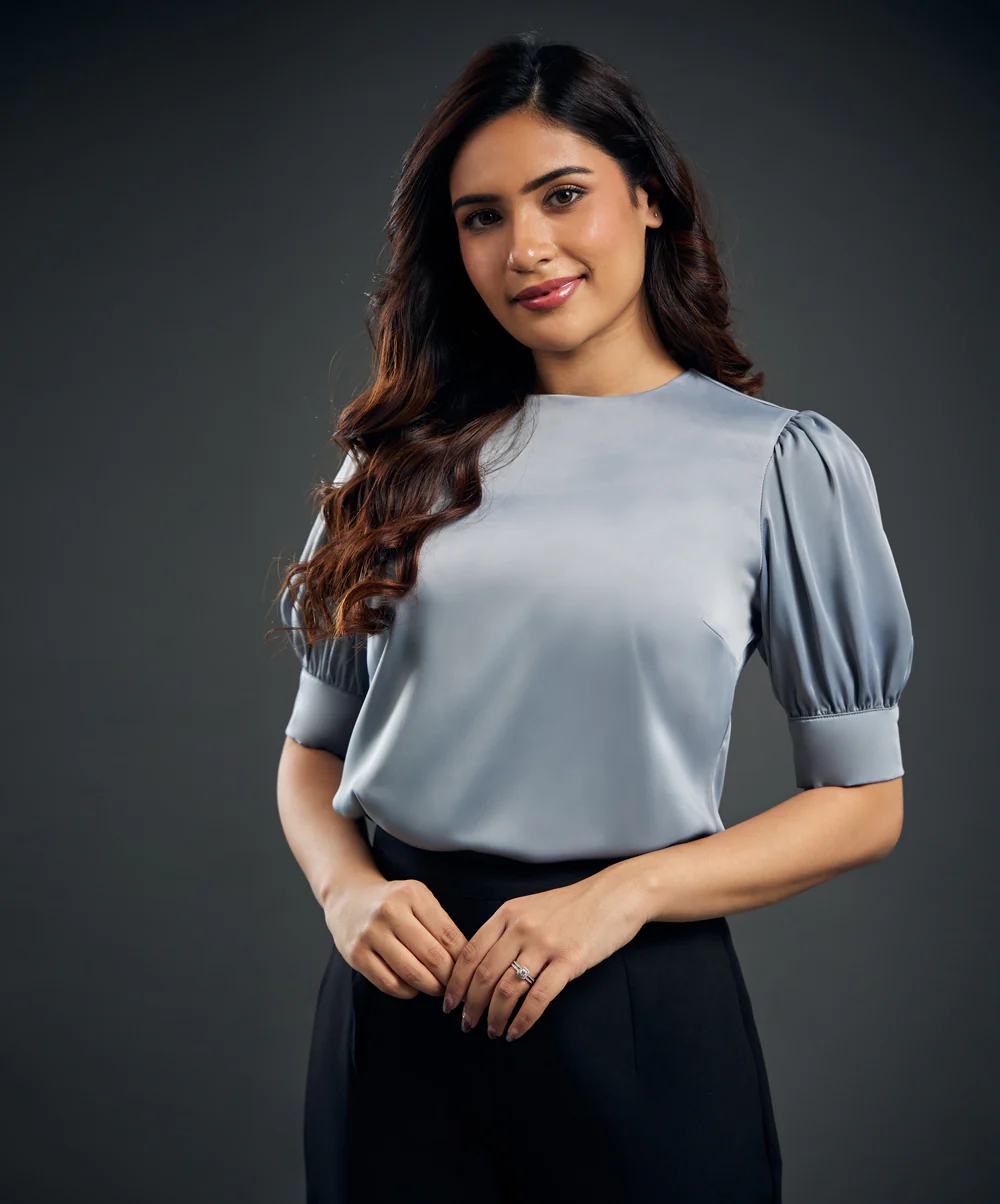 Satin Puffed Sleeve Round Top - Image 3
