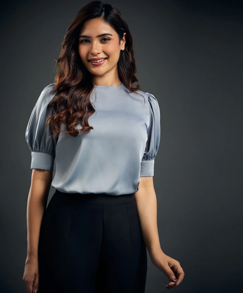 Satin Puffed Sleeve Round Top - Image 4