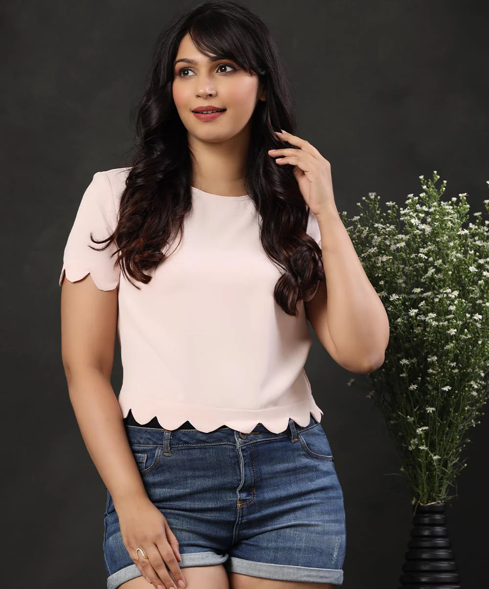 Scallop Trim Keyhole Back Beige Blouse