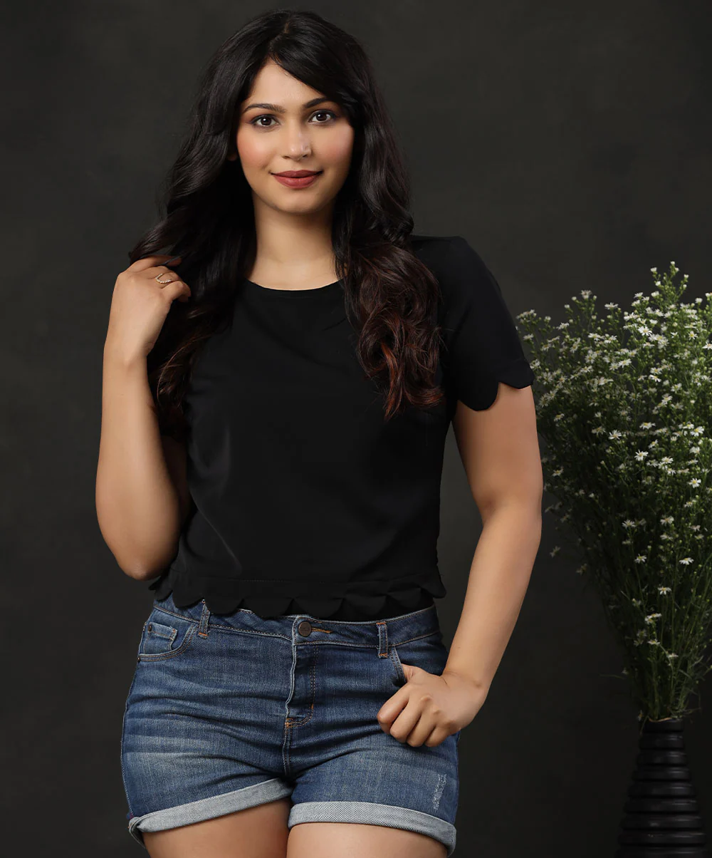 Scallop Trim Keyhole Back Black Blouse