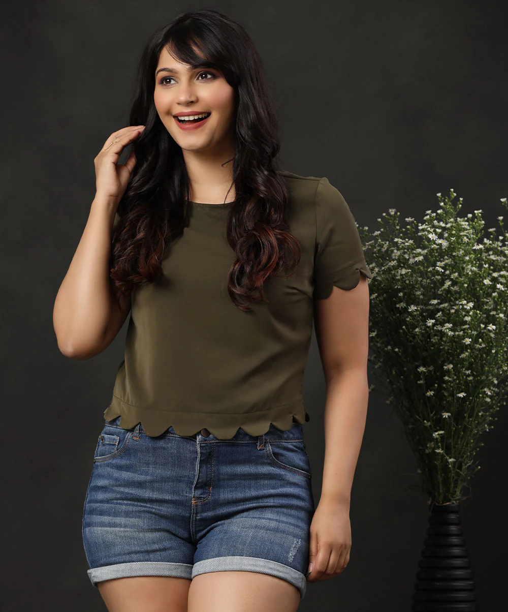 Scallop Trim Keyhole Back Green Blouse
