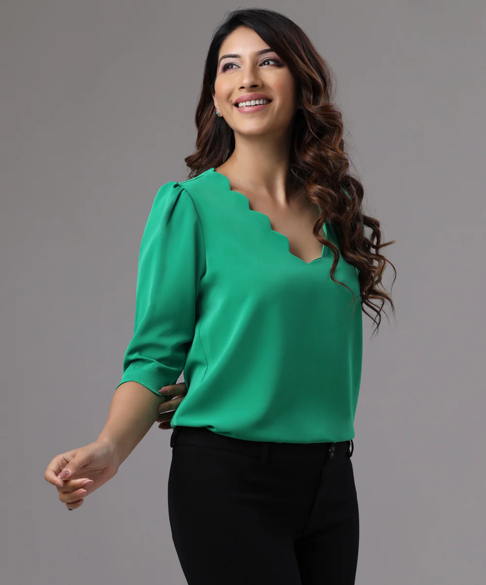 Scallop Trim Puff Sleeve Green Top - Image 2