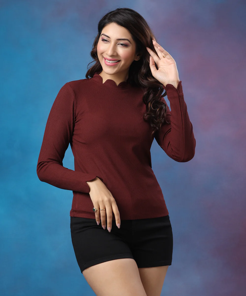 Scallop Trim Rib Knit Maroon Tshirt