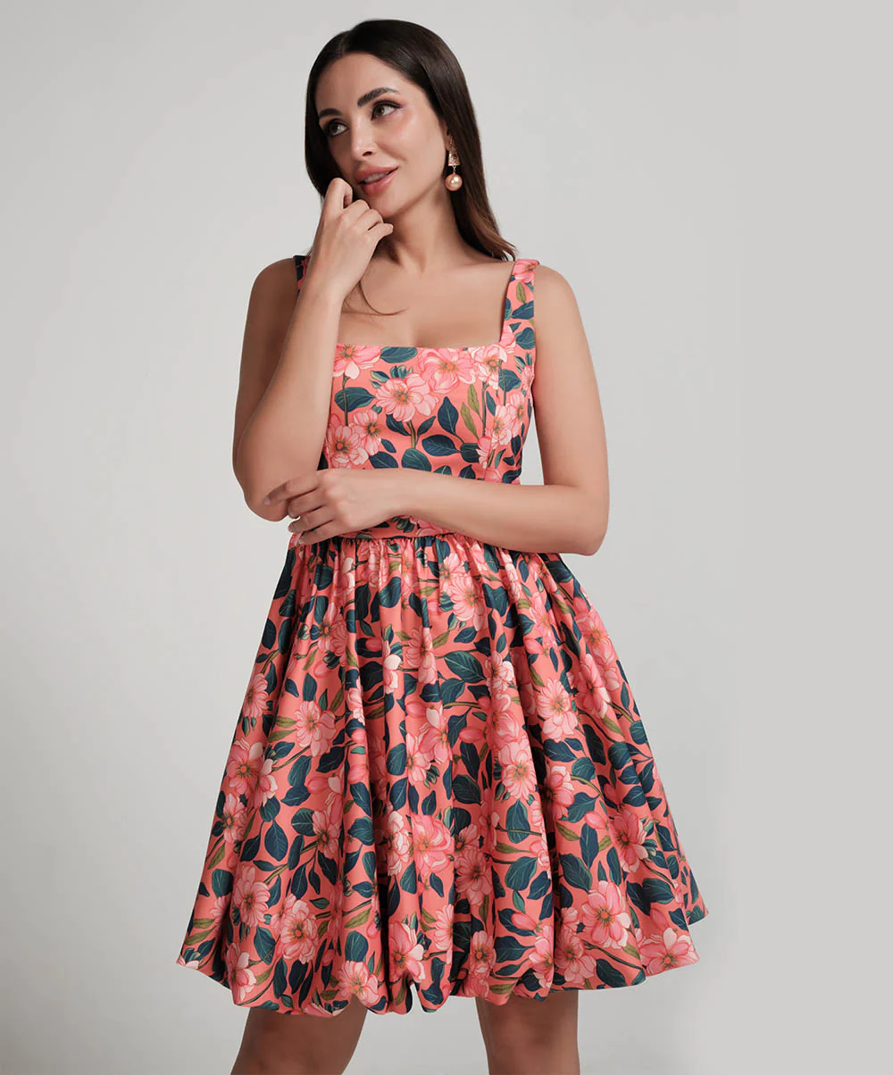 Scoop Neck Printed Balloon Dress