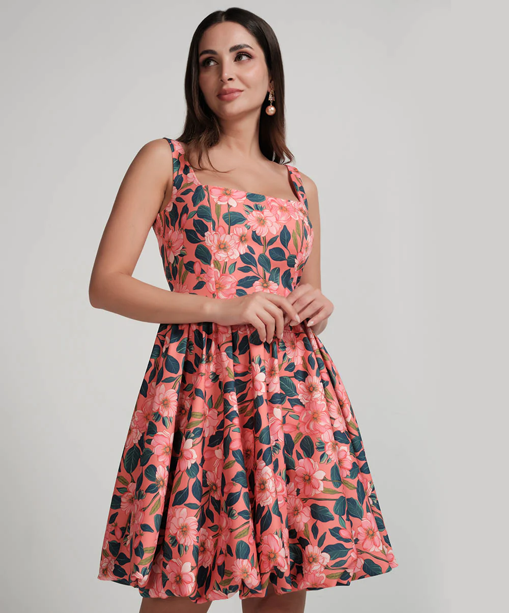Scoop Neck Printed Balloon Dress - Image 2