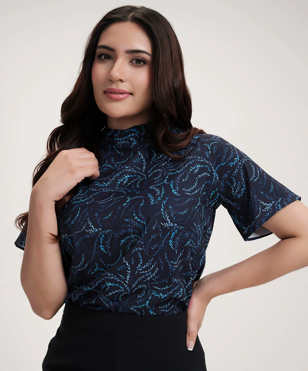 Short Sleeve Blue Printed Top - Image 2