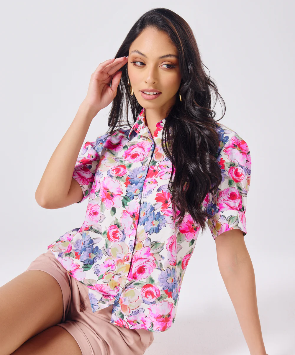 Short Sleeve Classic Collar Pink Printed Top - Image 3