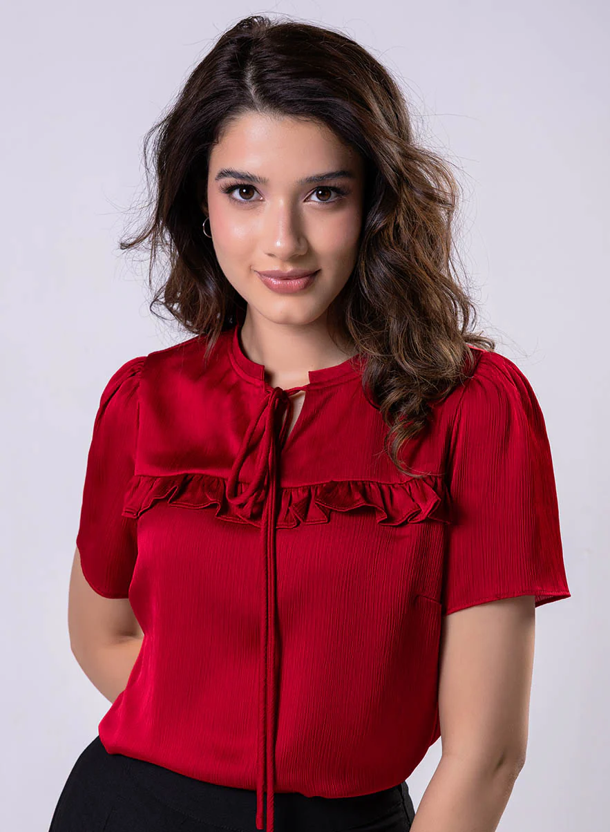 Short Sleeve Frilled Top-Red - Image 2