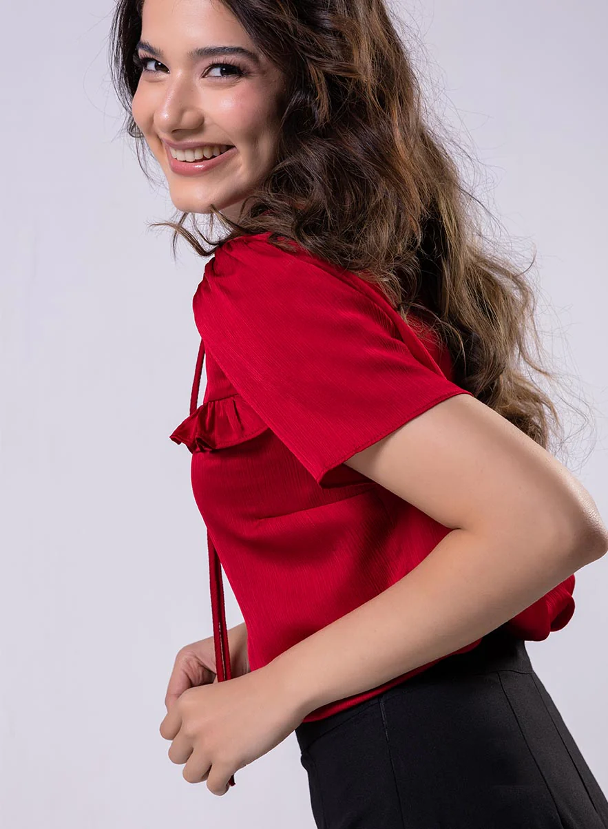 Short Sleeve Frilled Top-Red - Image 3