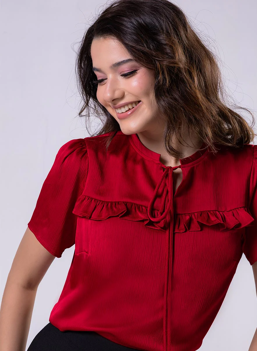Short Sleeve Frilled Top-Red - Image 4