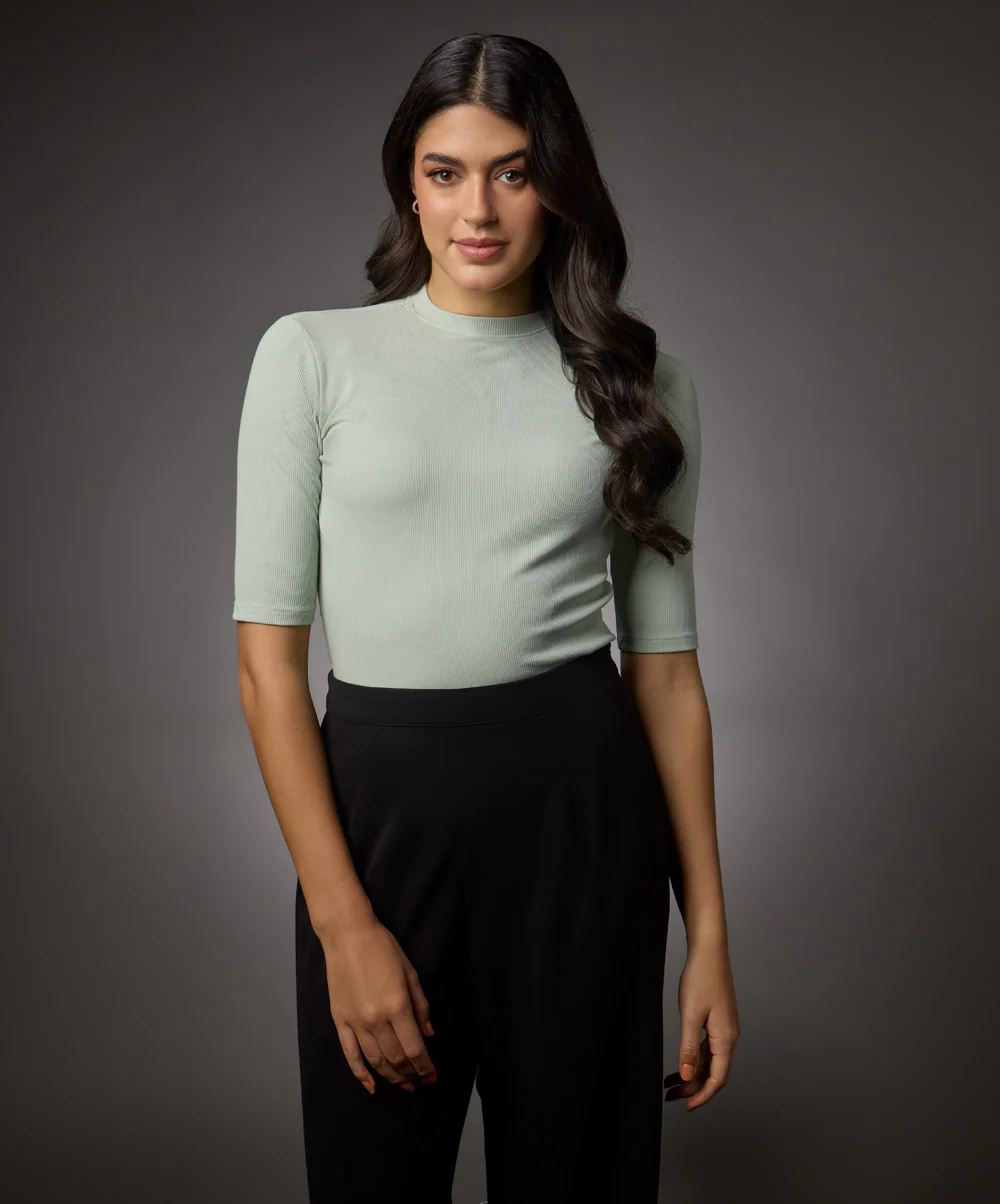 Short Sleeve High Neck Rib Top- Baby Green - Image 2
