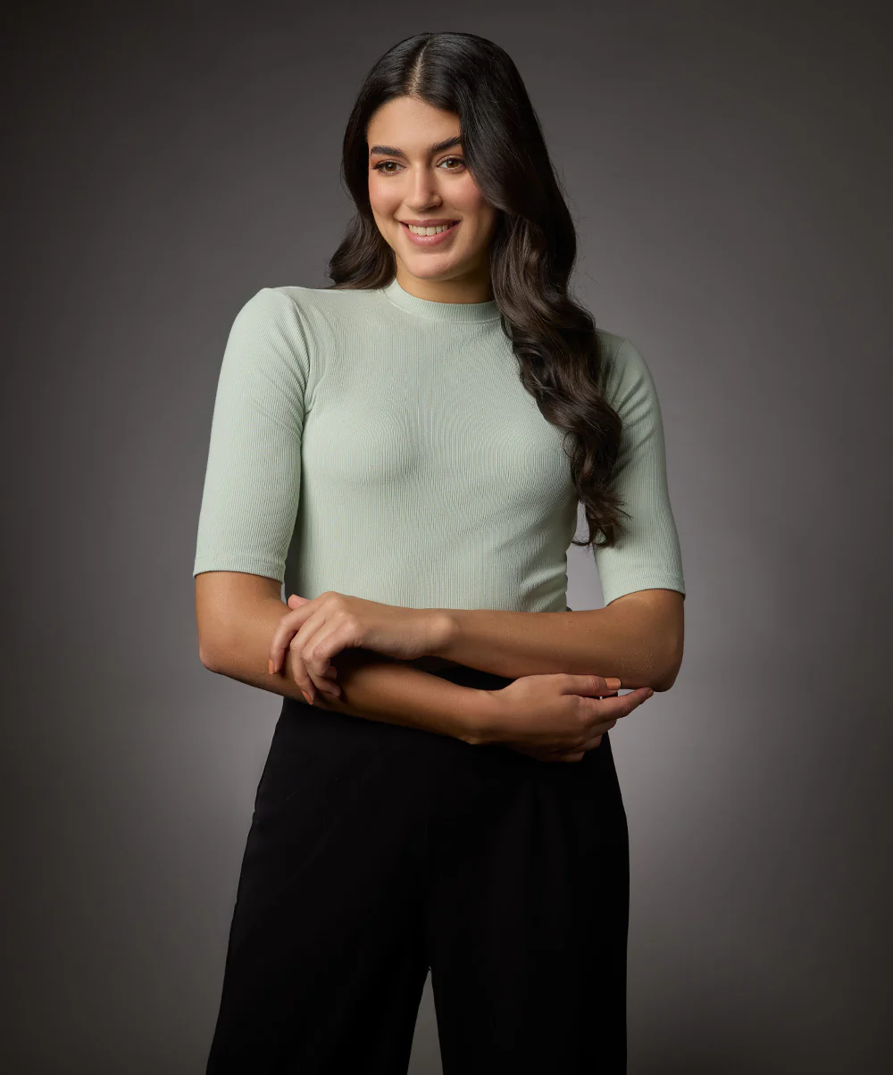 Short Sleeve High Neck Rib Top- Baby Green - Image 4