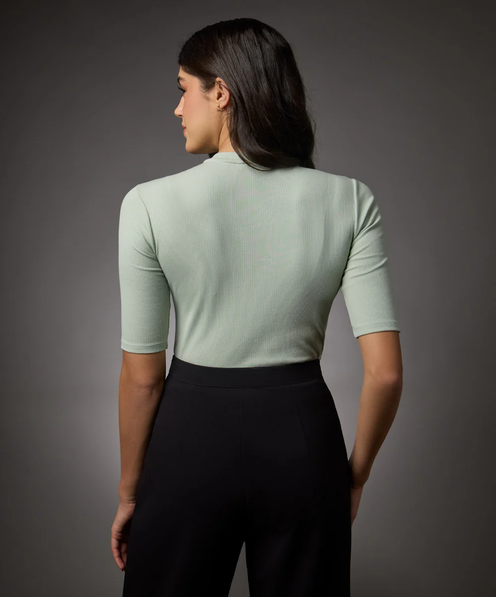 Short Sleeve High Neck Rib Top- Baby Green - Image 5