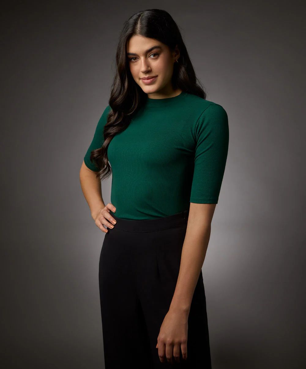 Short Sleeve High Neck Rib Top-Dark Green - Image 3