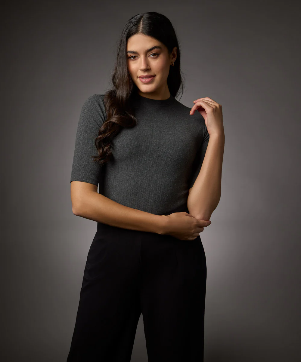 Short Sleeve High Neck Rib Top- Dark Grey
