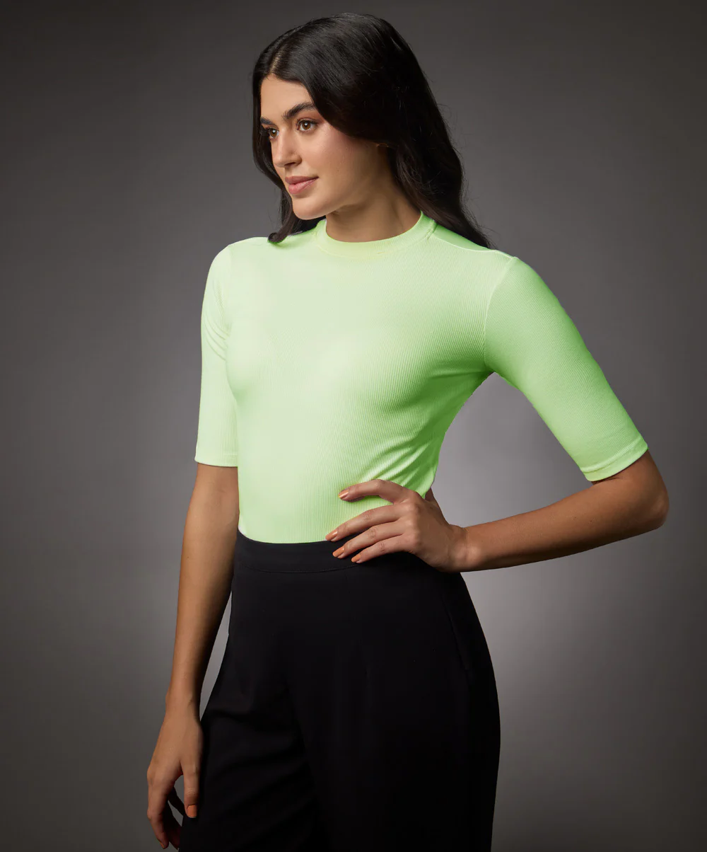 Short Sleeve High Neck Rib Top- Electric Green - Image 2