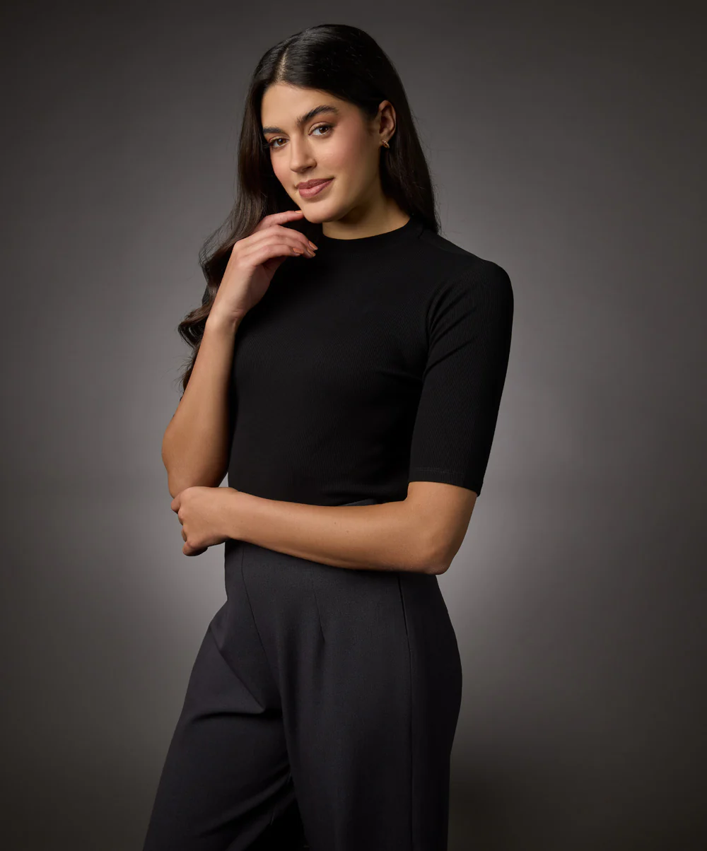 Short Sleeve High Neck Rib Top- Jet Black - Image 3