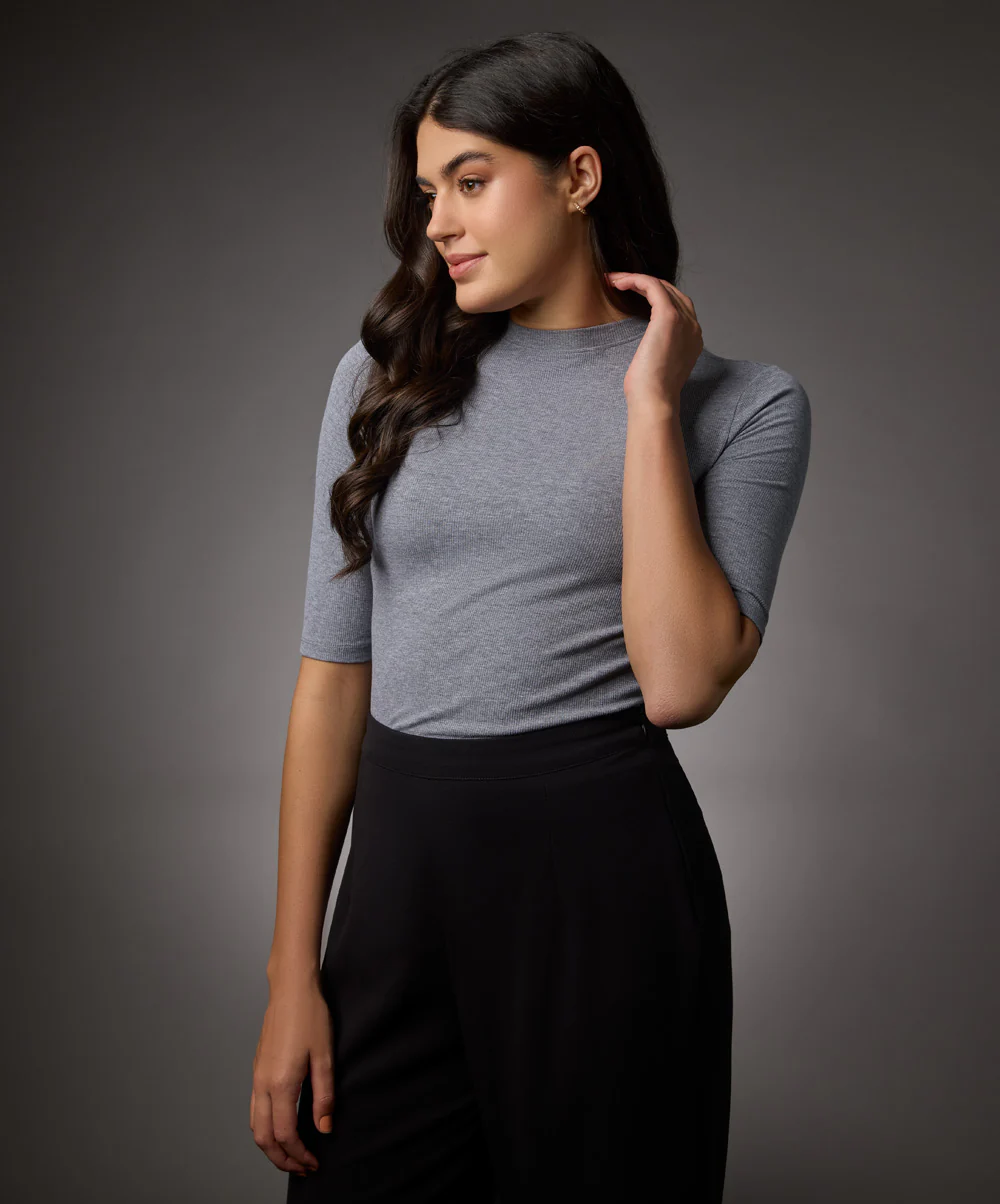 Short Sleeve High Neck Rib Top- Light Grey - Image 3