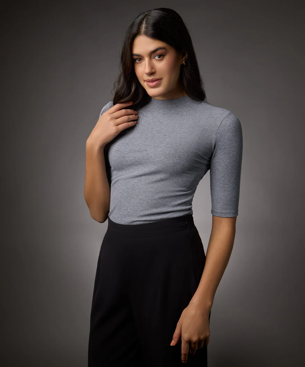 Short Sleeve High Neck Rib Top- Light Grey - Image 4