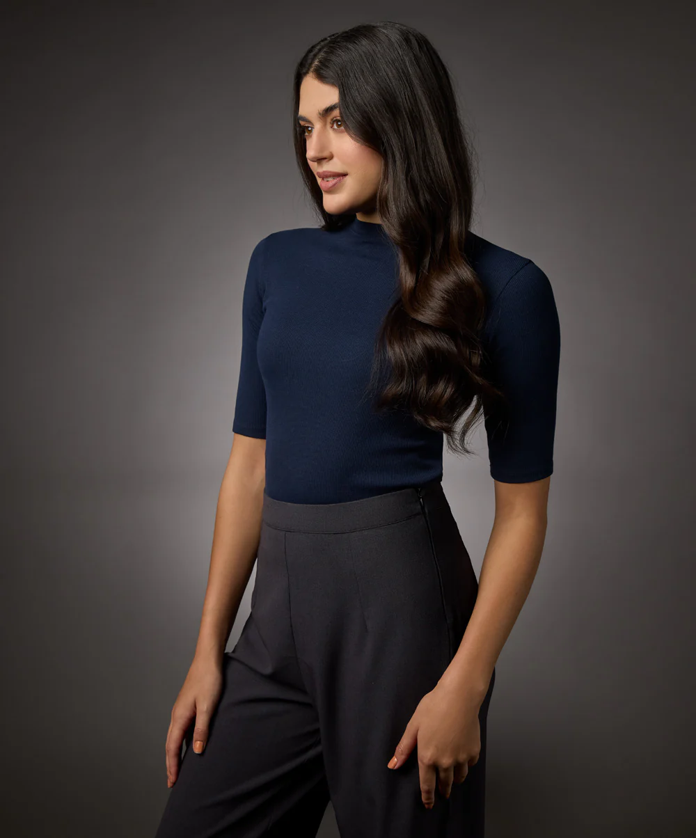 Short Sleeve High Neck Rib Top- Navy Blue - Image 3