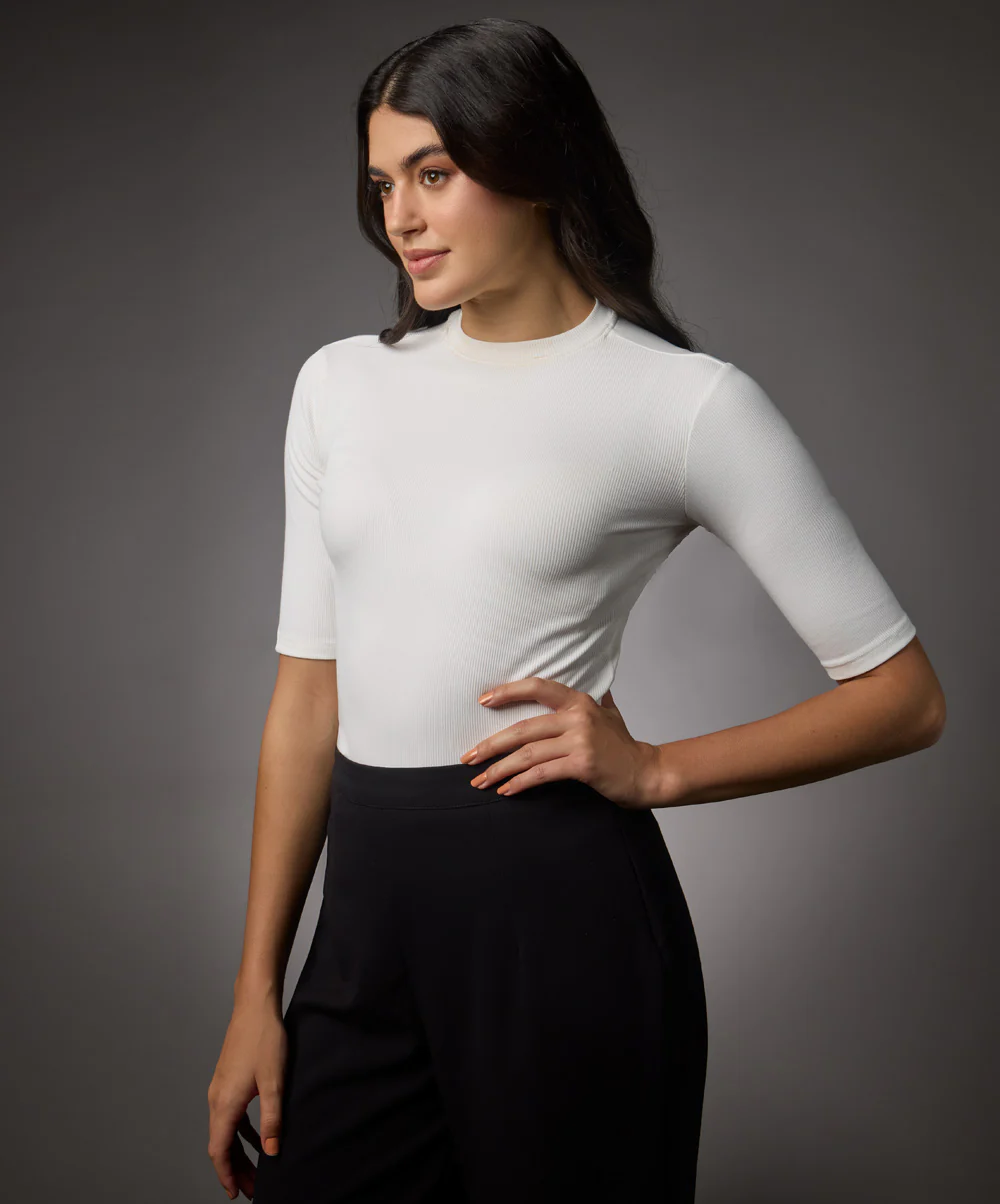 Short Sleeve High Neck Rib Top- Off White - Image 4