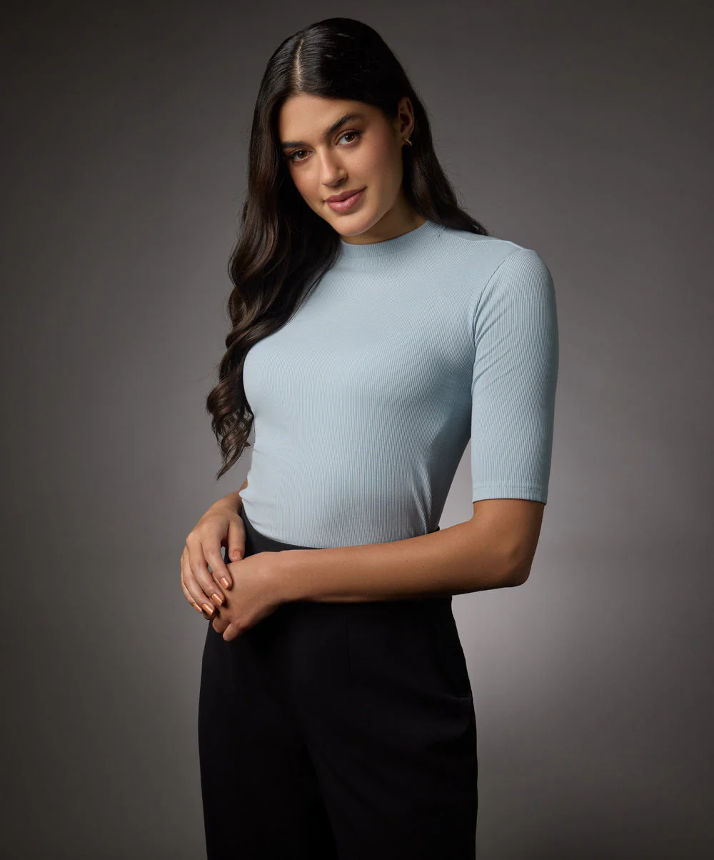 Short Sleeve High Neck Rib Top- Pale Blue - Image 3