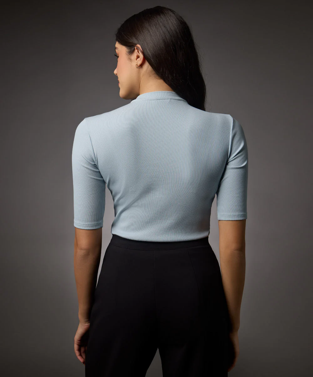 Short Sleeve High Neck Rib Top- Pale Blue - Image 4