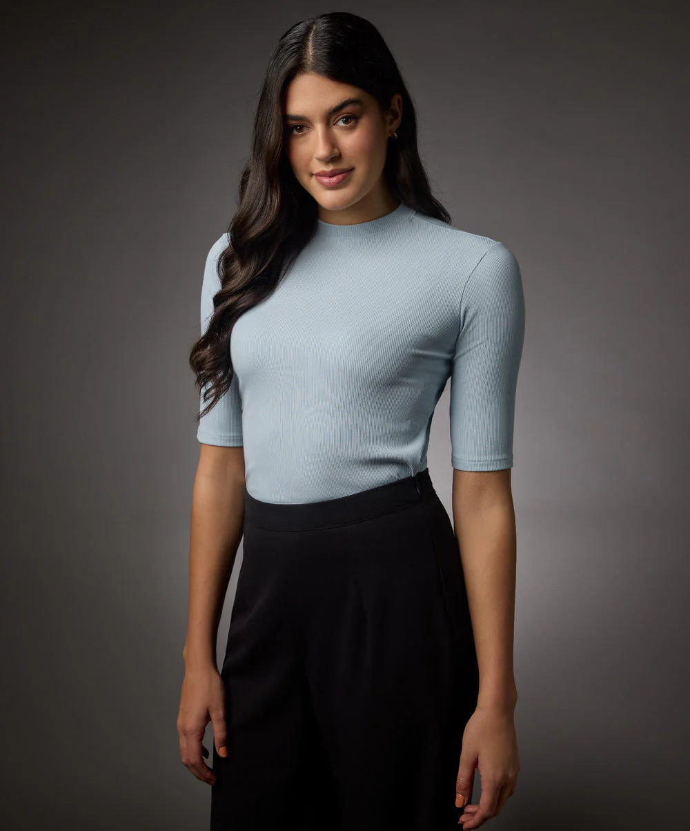 Short Sleeve High Neck Rib Top- Pale Blue - Image 5