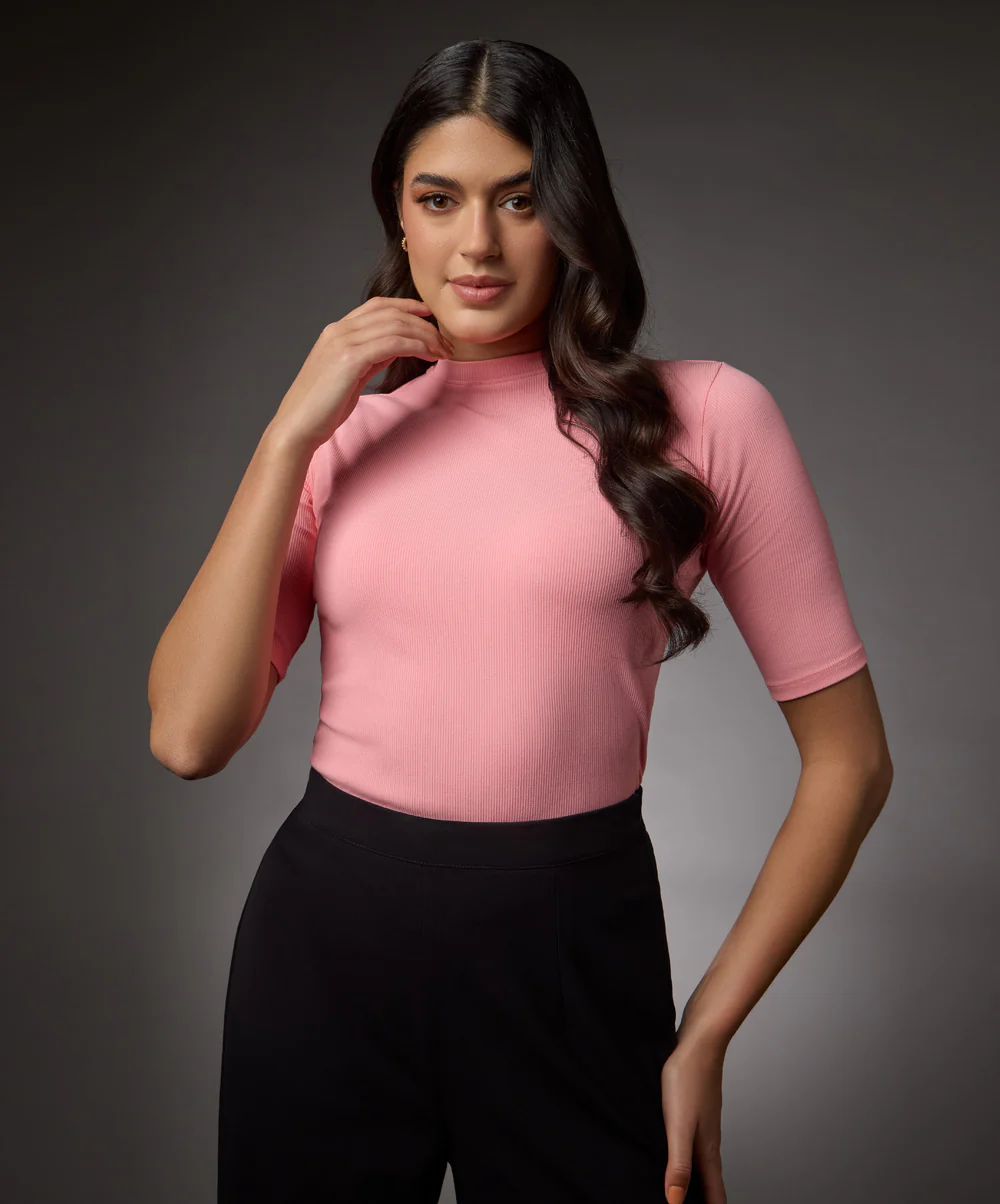 Short Sleeve High Neck Rib Top- Peach Pink - Image 3