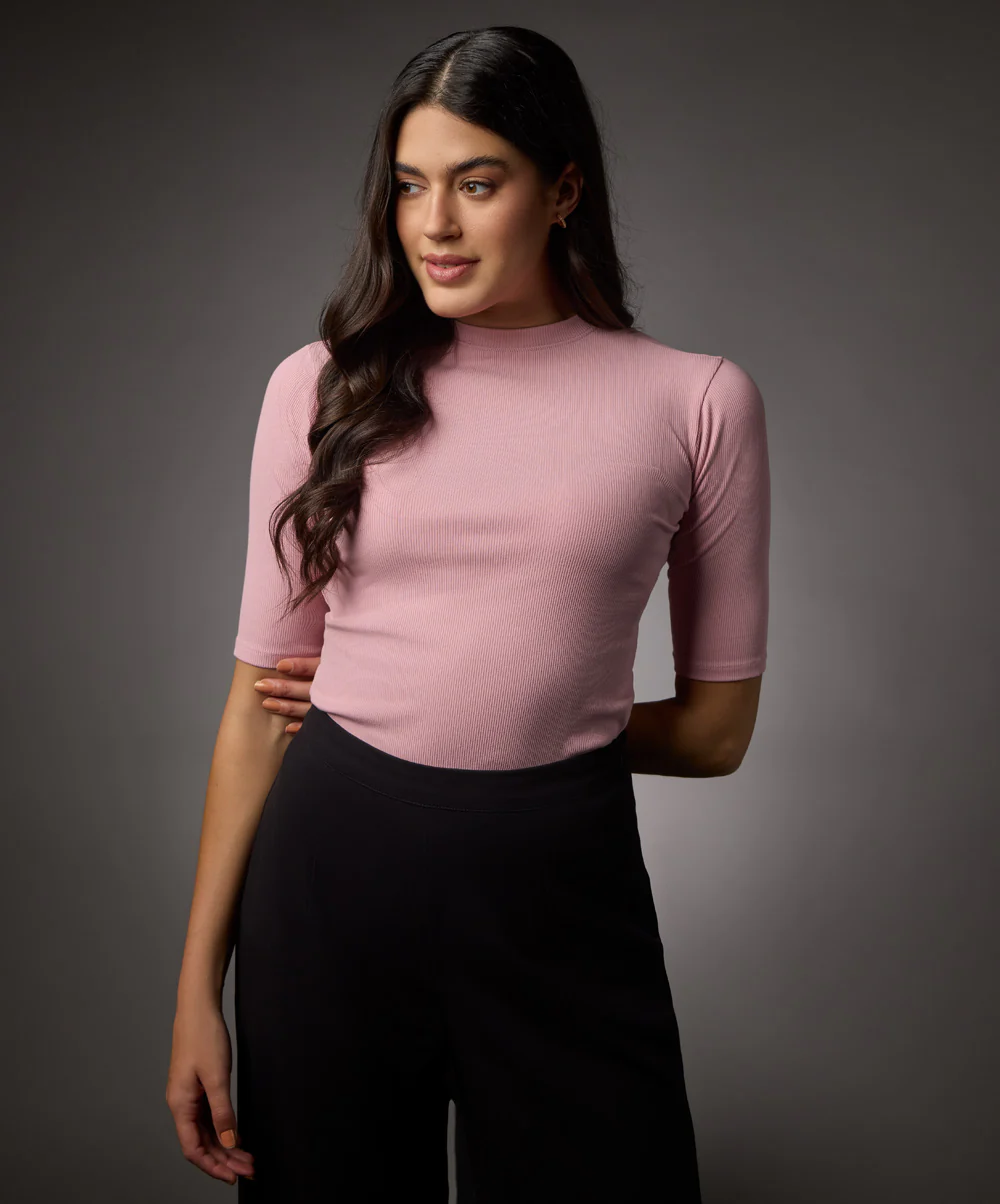 Short Sleeve High Neck Rib Top- Salmon Pink - Image 2