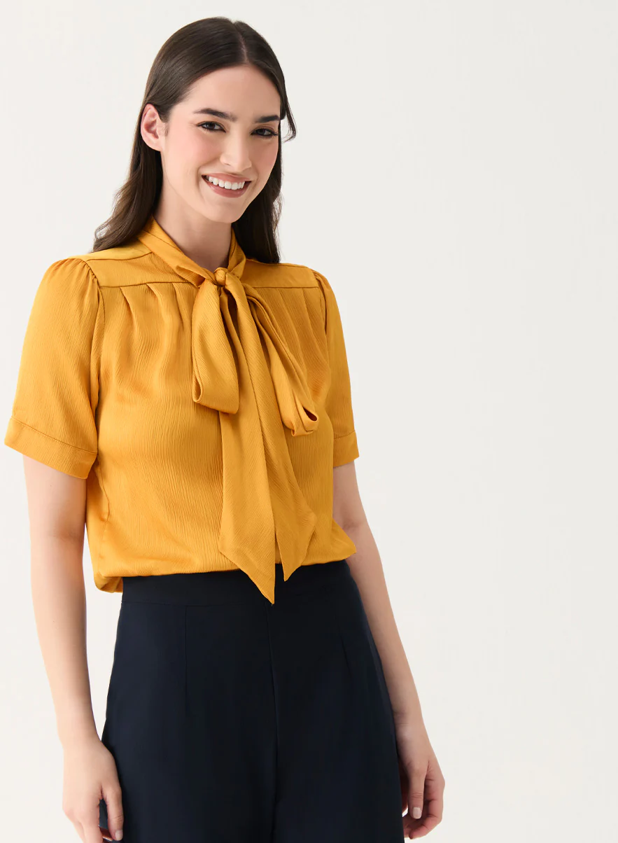 Short Sleeve Neck-Tie Shirt Top -Mustard - Image 2