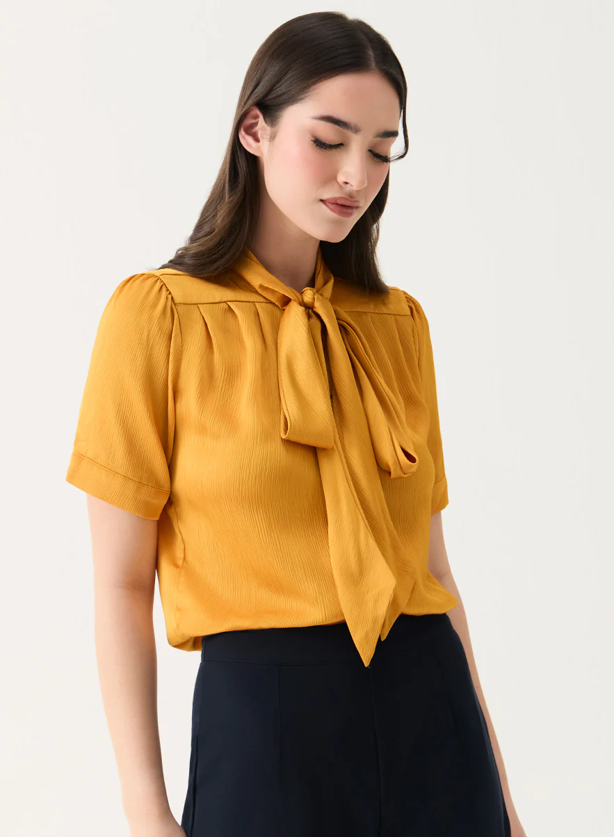 Short Sleeve Neck-Tie Shirt Top -Mustard - Image 3
