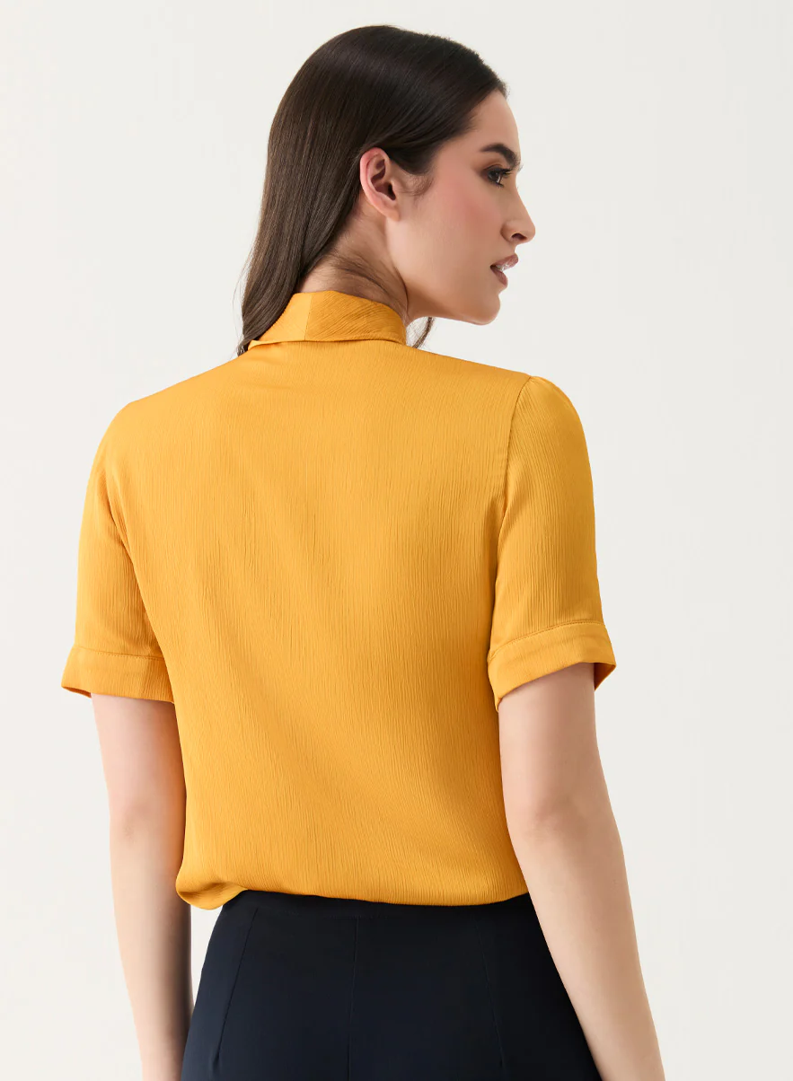 Short Sleeve Neck-Tie Shirt Top -Mustard - Image 4