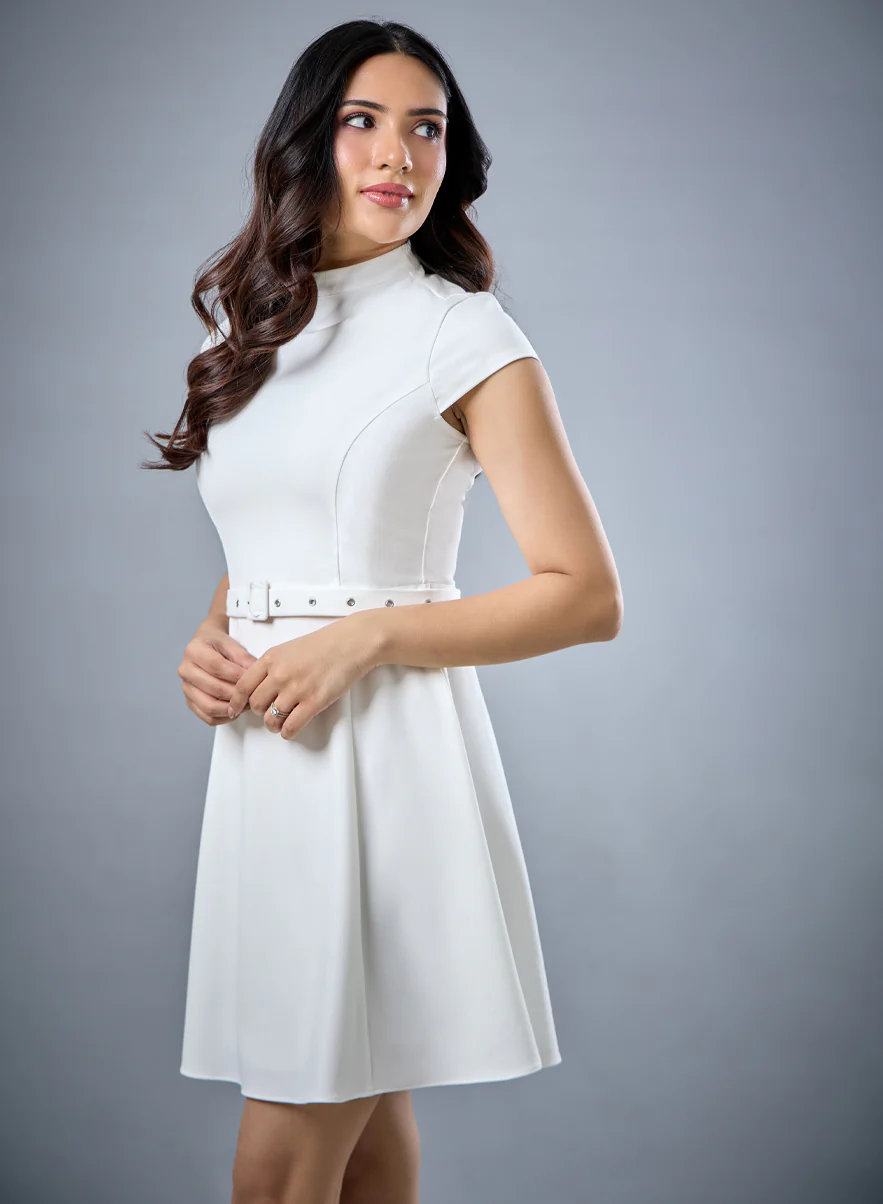 Short Sleeve Off White Belted Dress - Image 2
