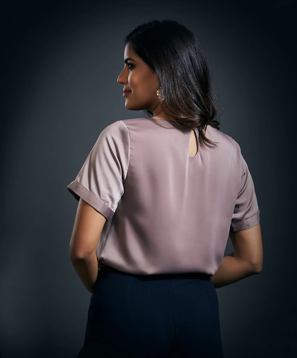 Short Sleeve Satin Solid Top-Brown - Image 5
