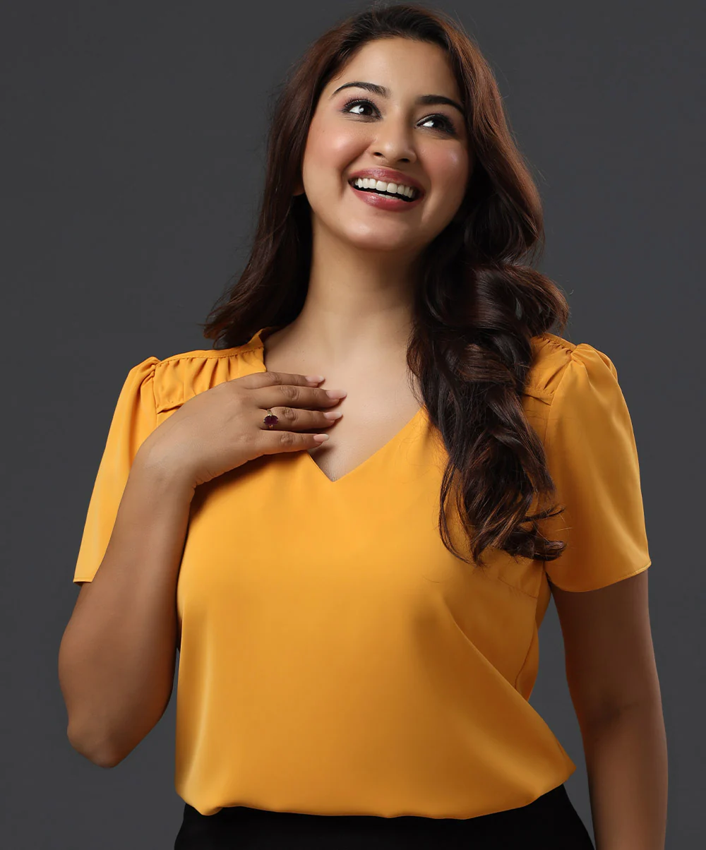 Shoulder Detailed Mustard Chiffon Top - Image 2